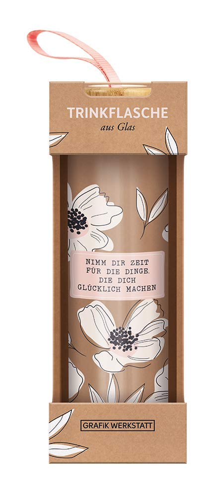 Graphic Workshop Glass Drinking Bottle with Funny Saying | with Carry Loop | 550 ml | Happy