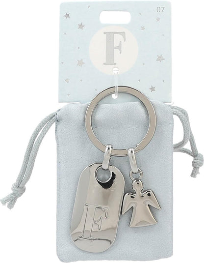 Depesche 11800-007 Silver Keychain with Letter F and Guardian Angel, Zinc Alloy, incl. Light Blue Velour Pouch