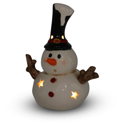 Seyko Keramik Deko Figur LED Keramik Schneemann Figur Olaf weiß schwarz rot H 12 cm 060029