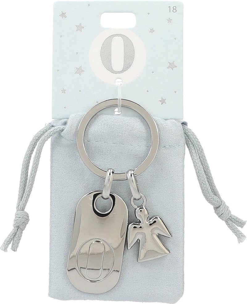 Depesche 11800-018 Silver Keychain with Letter O and Guardian Angel, Zinc Alloy, incl. Light Blue Velveteen Pouch