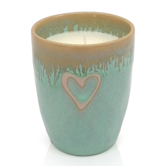 Mea-Living STONEWARE Candela in tazza turchese a cuore, gres fatto a mano, 280 ml, splendida stoviglia con candela