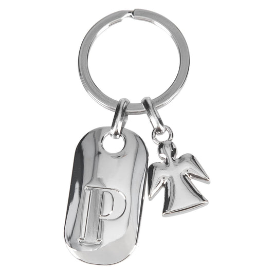 Depesche 11800-019 Silver keyring with letter P and guardian angel, zinc alloy, incl. vanilla-coloured velvet pouch