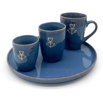 Mea-Living STONEWARE tazza da caffè espresso marittima, blu con ancora, ceramica fatta a mano, 150 ml, stoviglie splendidamente fatte a mano