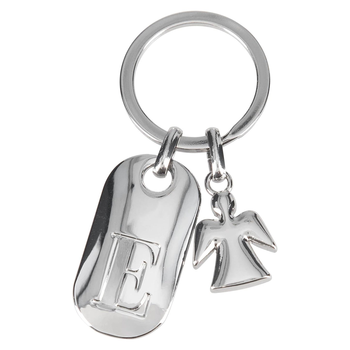 Depesche 11800-006 Silver Keychain with Letter E and Guardian Angel, Zinc Alloy, incl. vanilla-colored velvet pouch