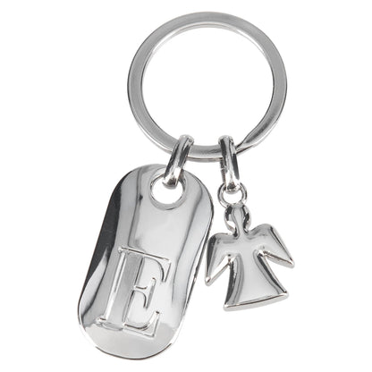 Depesche 11800-006 Silver Keychain with Letter E and Guardian Angel, Zinc Alloy, incl. vanilla-colored velvet pouch