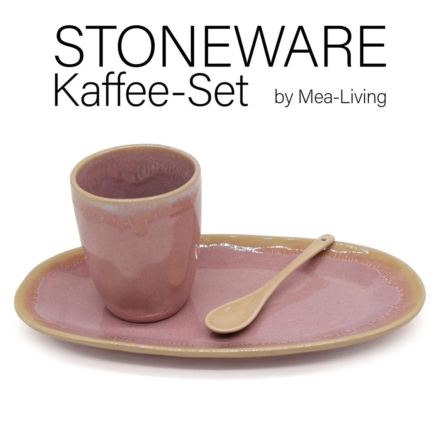 Mea-Living STONEWARE Set L rosa, con tazza, piatto e cucchiaio, stoviglie in gres fatte a mano, piatto da torta, bellissime stoviglie fatte a mano