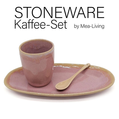 Mea-Living STONEWARE Set L rosa, con tazza, piatto e cucchiaio, stoviglie in gres fatte a mano, piatto da torta, bellissime stoviglie fatte a mano
