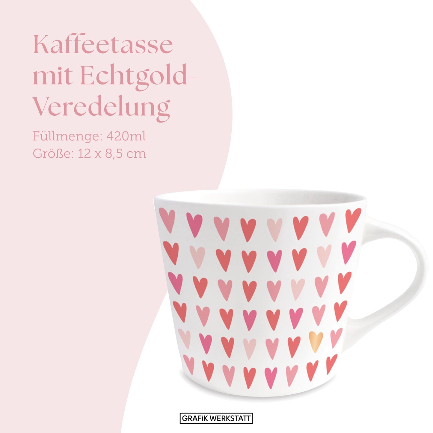 Grafik-Werkstatt Tazza da caffè con oro zecchino 100% | Tazza in porcellana | 420 ml | Cuori