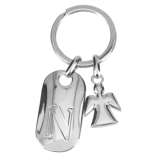 Depesche 11800-017 Silver keyring with letter N and guardian angel, zinc alloy, incl. colored velvet pouch vanilla