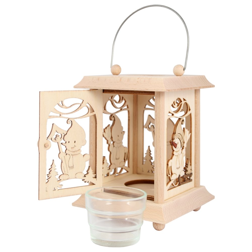 Tornitura Kuhnert Lanterna da tavolo / portacandele - Motivo: "Pupazzo di neve" in legno pregiato - Dimensioni: 11,5 x 11,5 x 17 cm - Made in Germany