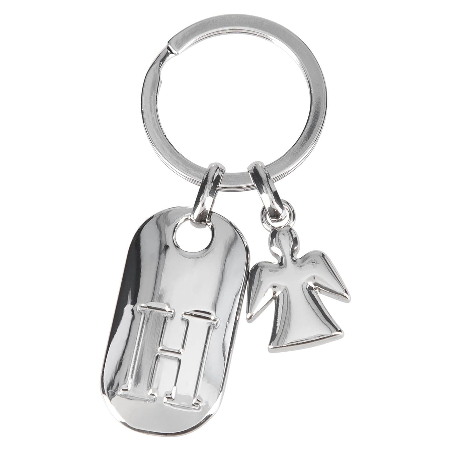 Depesche 11800-009 Silver Keychain with Letter H and Guardian Angel, Zinc Alloy, incl. Vanilla-Colored Velvet Pouch
