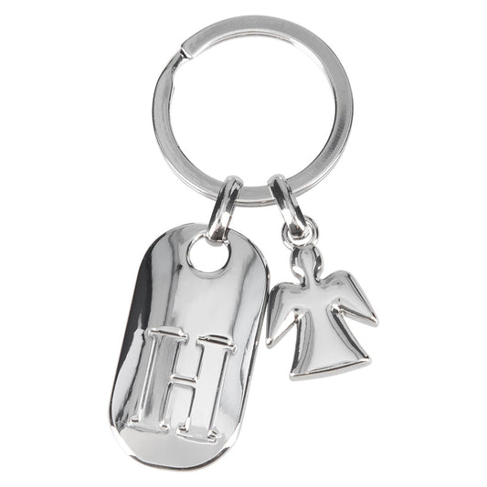 Depesche 11800-009 Silver Keychain with Letter H and Guardian Angel, Zinc Alloy, incl. Vanilla-Colored Velvet Pouch