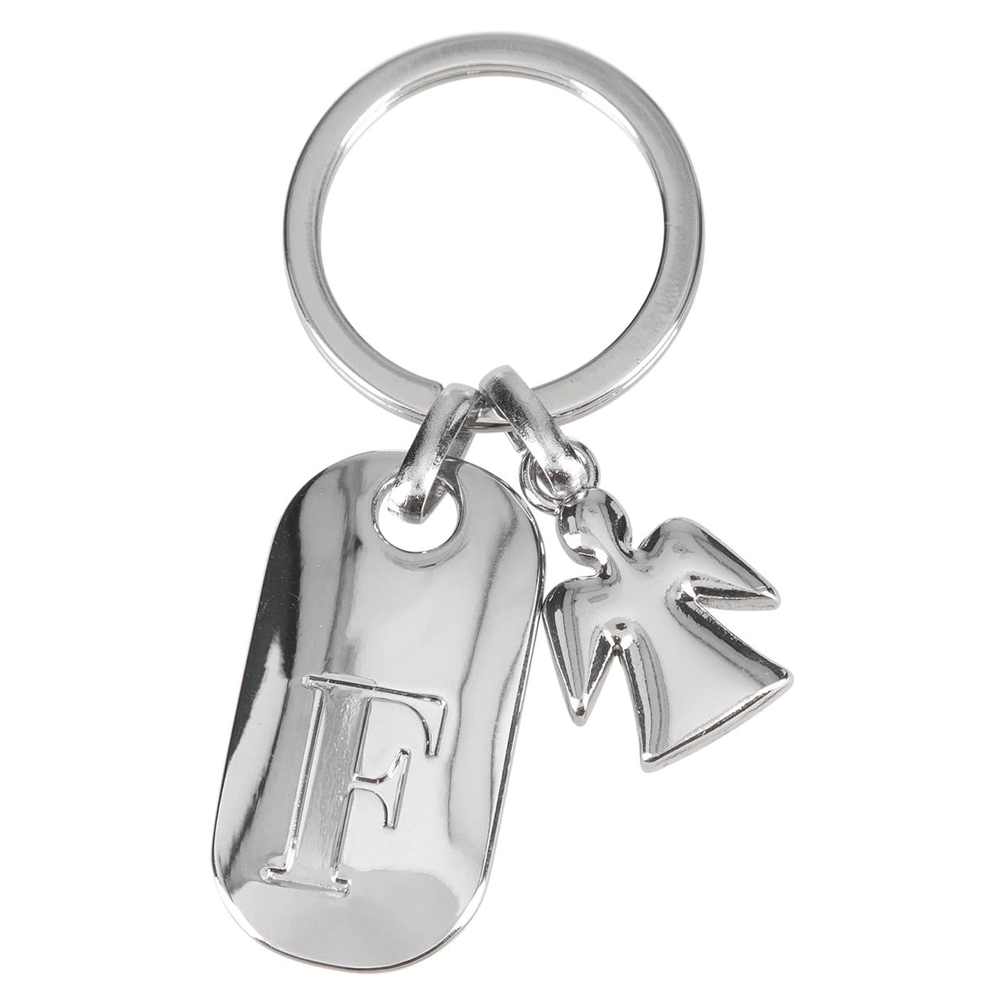 Depesche 11800-007 Silver Keychain with Letter F and Guardian Angel, Zinc Alloy, incl. Light Blue Velour Pouch