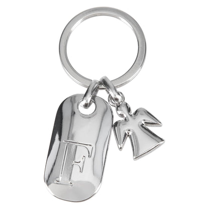 Depesche 11800-007 Silver Keychain with Letter F and Guardian Angel, Zinc Alloy, incl. Light Blue Velour Pouch