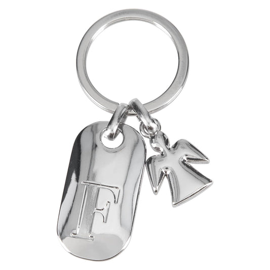Depesche 11800-007 Silver Keychain with Letter F and Guardian Angel, Zinc Alloy, incl. Light Blue Velour Pouch