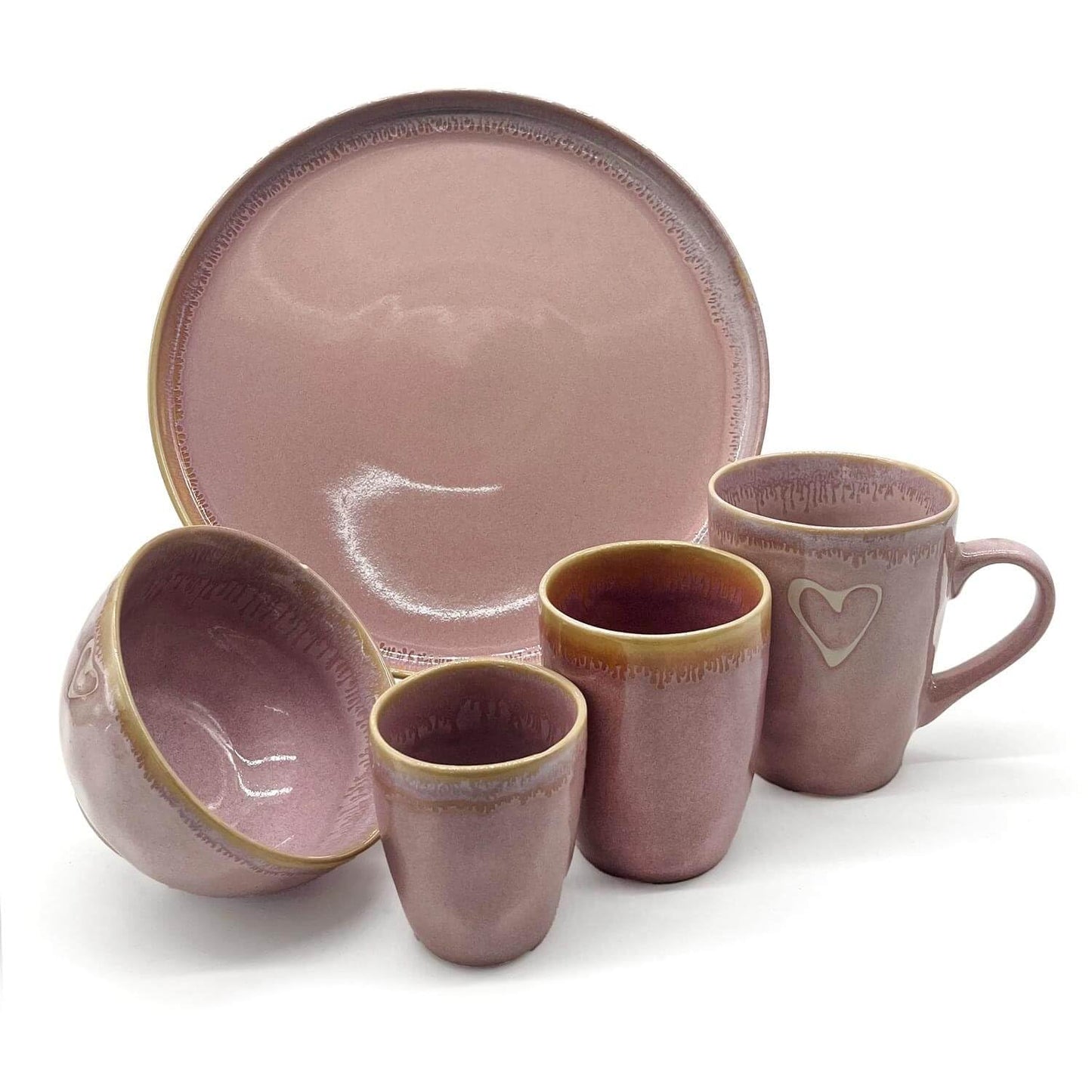 Mea-Living STONEWARE Set L rosa, con tazza, piatto e cucchiaio, stoviglie in gres fatte a mano, piatto da torta, bellissime stoviglie fatte a mano