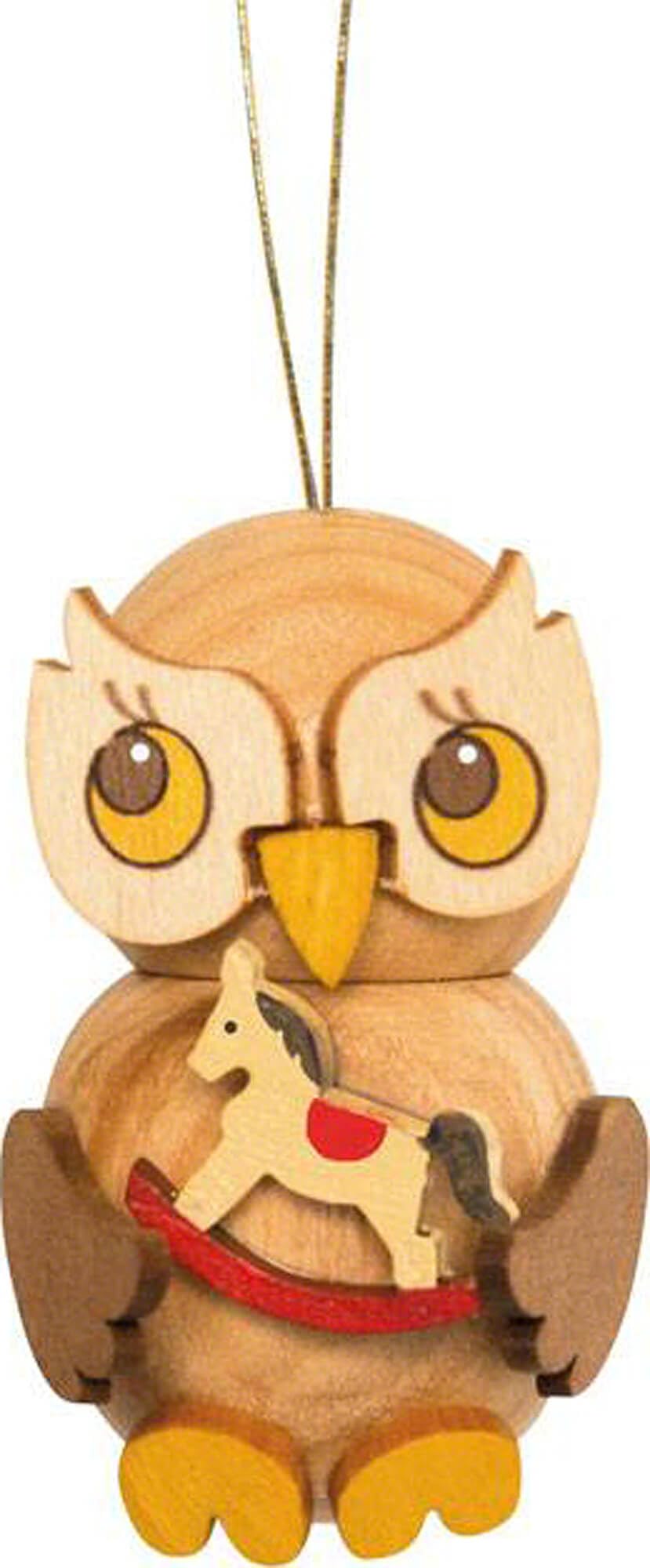 Drechslerei Kuhnert Christbaumschmuck Eulenkind mit Schaukelpferd - 4 cm