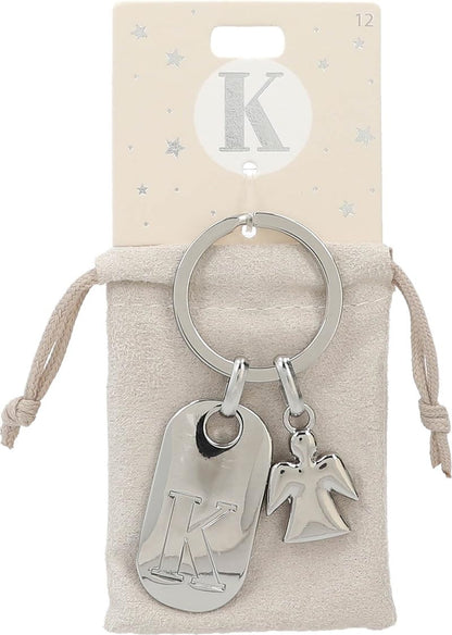 Depesche 11800-012 Silver Keyring with Letter K and Guardian Angel, Zinc Alloy, incl. Vanilla Coloured Velvet Pouch