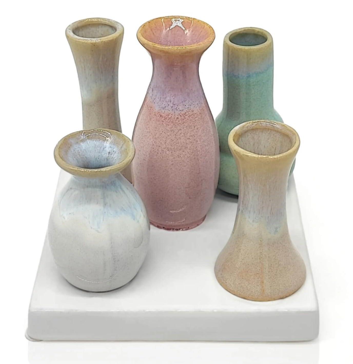 Mea-Living 5 mini vasi su vassoio quadrato in ceramica, multicolore