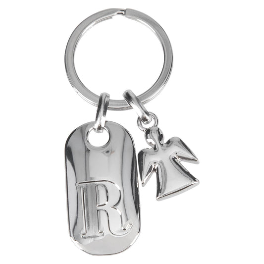Depesche 11800-020 Silver Keychain with Letter R and Guardian Angel, Zinc Alloy, incl. Light Blue Velvet Pouch