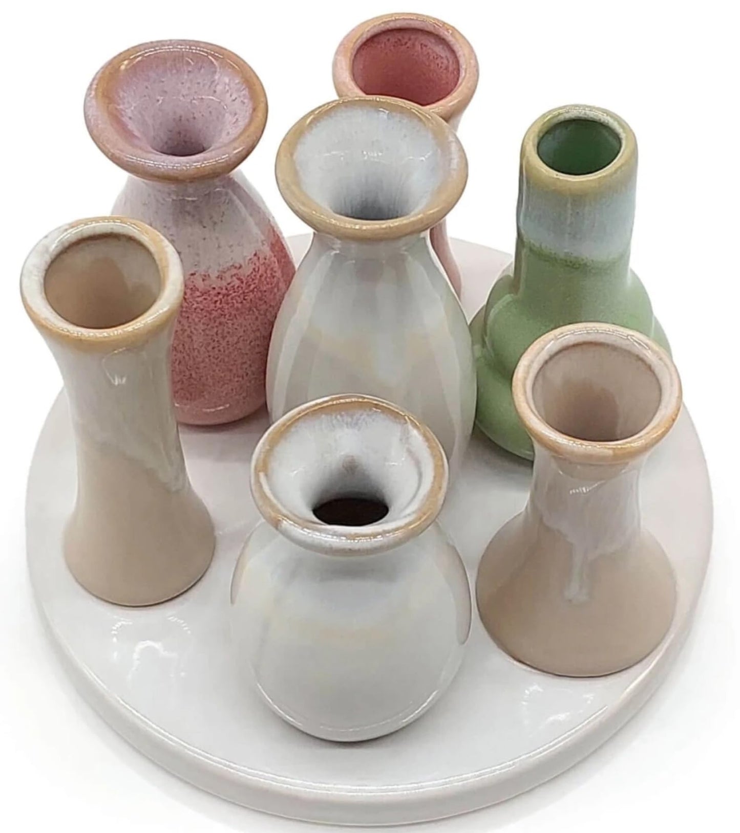 Mea-Living 7 Vases on Round Ceramic Tray, Multicolor
