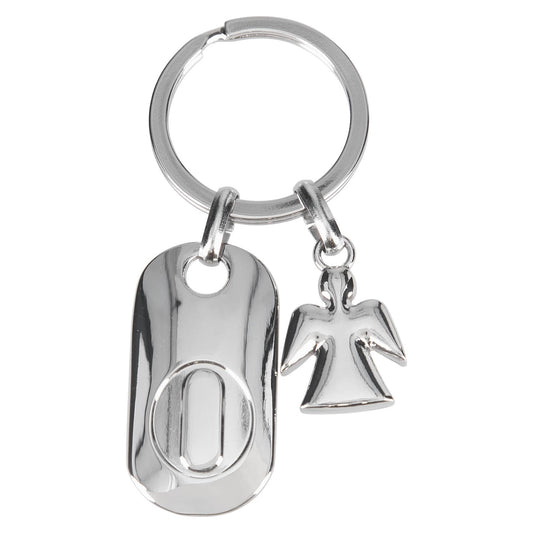 Depesche 11800-018 Silver Keychain with Letter O and Guardian Angel, Zinc Alloy, incl. Light Blue Velveteen Pouch
