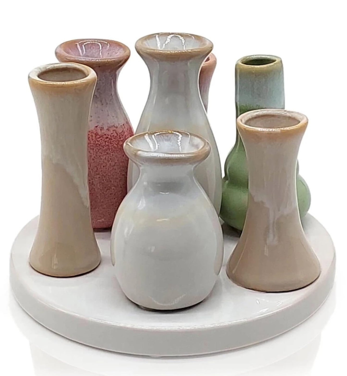 Mea-Living 7 Vases on Round Ceramic Tray, Multicolor