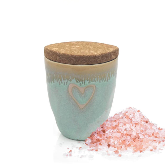 MEA Living, spice in an espresso mug, STONEWARE mug, heart turquoise, "Garlic Chili Salt"