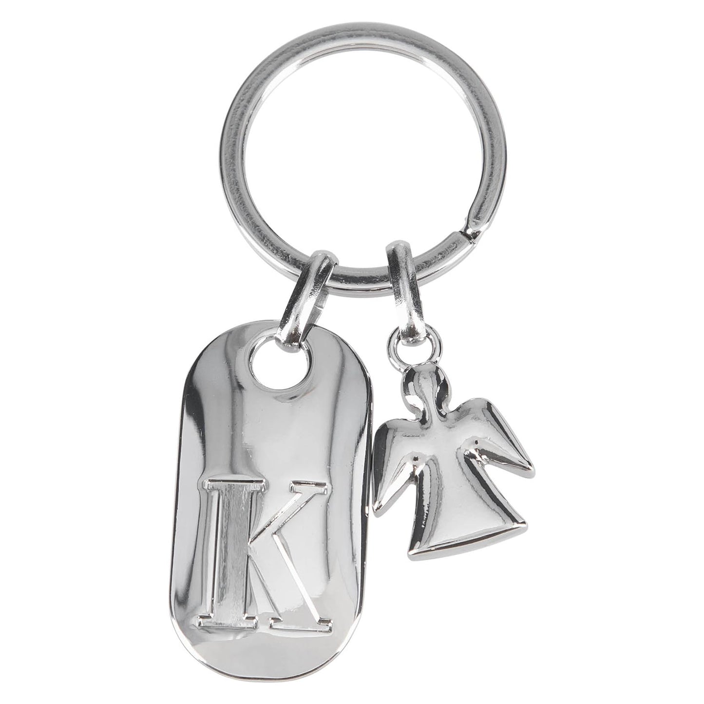 Depesche 11800-012 Silver Keyring with Letter K and Guardian Angel, Zinc Alloy, incl. Vanilla Coloured Velvet Pouch
