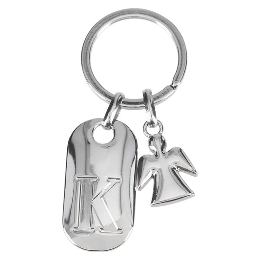 Depesche 11800-012 Silver Keyring with Letter K and Guardian Angel, Zinc Alloy, incl. Vanilla Coloured Velvet Pouch