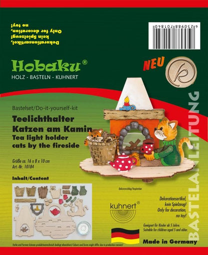 Drechslerei Kuhnert - Hobaku Craft Kit - Tealight Holder - Design: Cats by the Fireplace - Wooden Decoration for Assembly - Dimensions: approx. 16 x 8 x 10 cm - Made in Germany