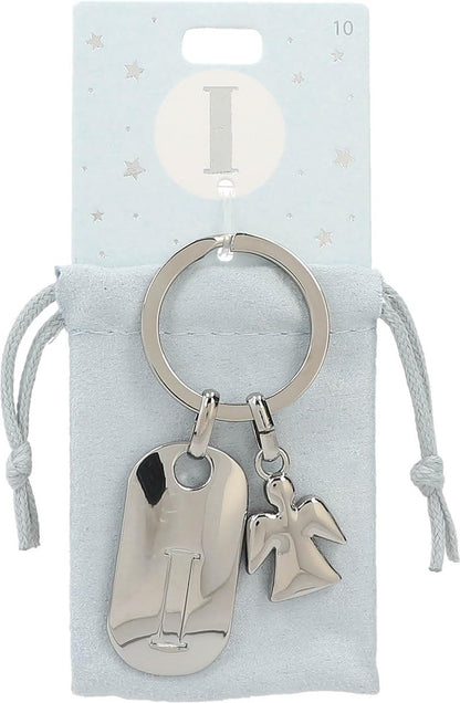 Depesche 11800-010 Silver keyring with letter I and guardian angel, zinc alloy, incl. light blue velvet pouch