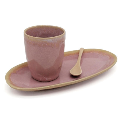 Mea-Living STONEWARE Set L rosa, con tazza, piatto e cucchiaio, stoviglie in gres fatte a mano, piatto da torta, bellissime stoviglie fatte a mano