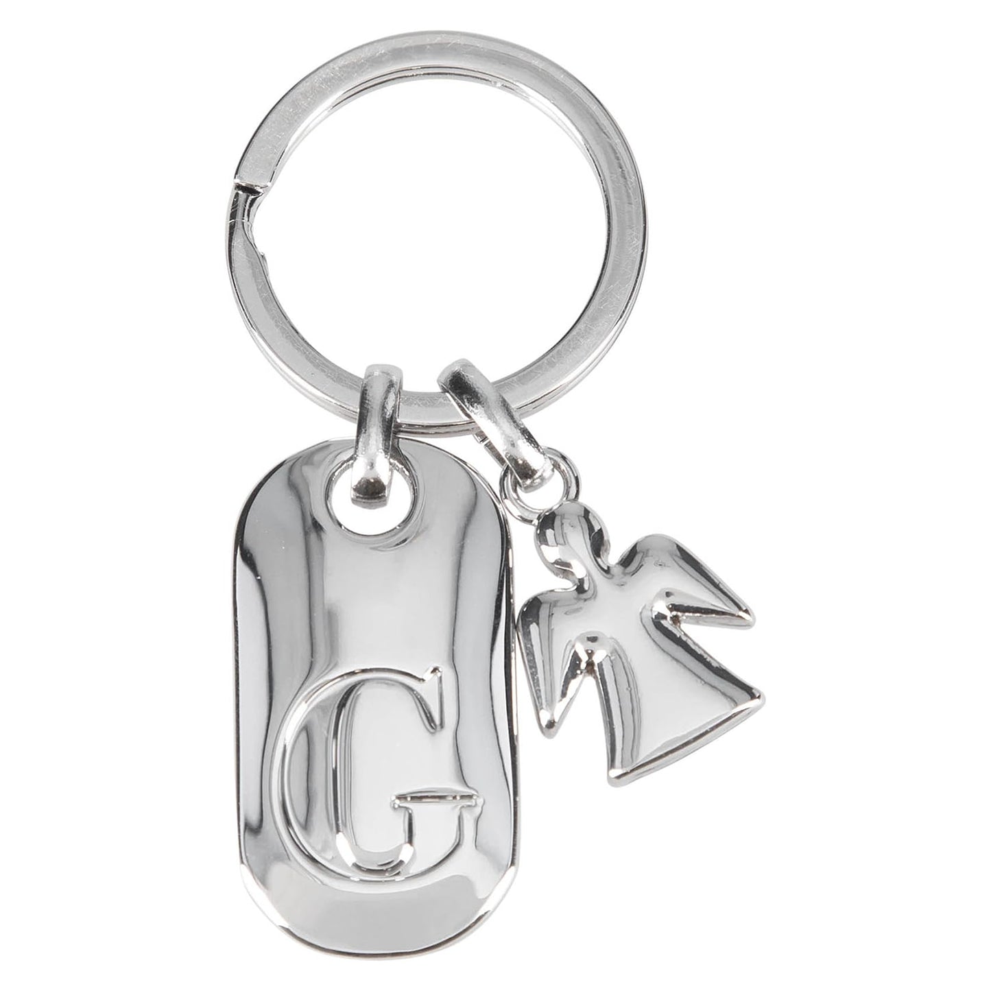 Depesche 11800-008 Silver Keychain with Letter G and Guardian Angel, Zinc Alloy, incl. Dark Blue Velvet Pouch