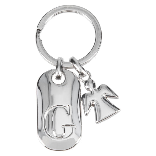 Depesche 11800-008 Silver Keychain with Letter G and Guardian Angel, Zinc Alloy, incl. Dark Blue Velvet Pouch