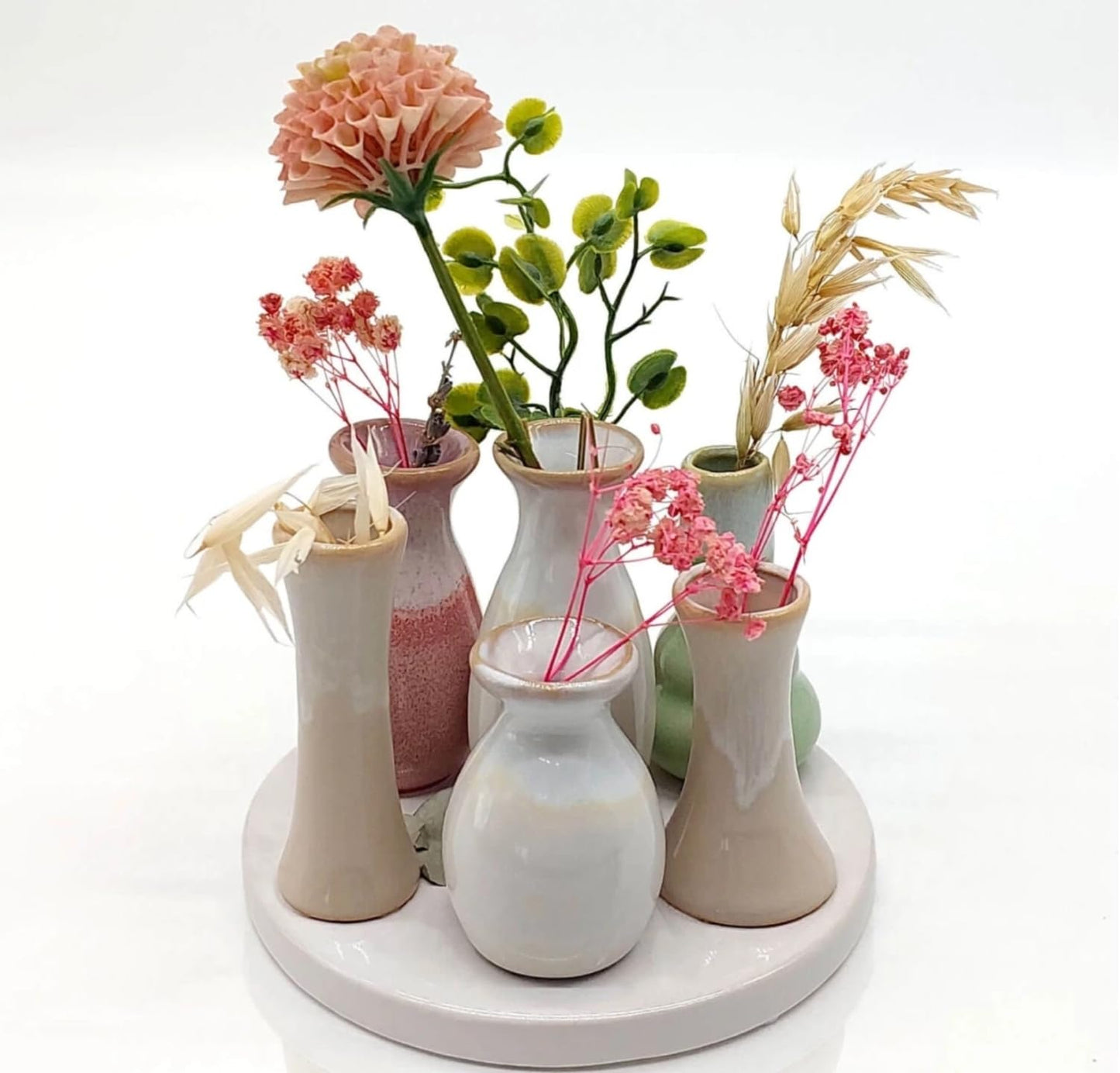 Mea-Living 7 Vases on Round Ceramic Tray, Multicolor