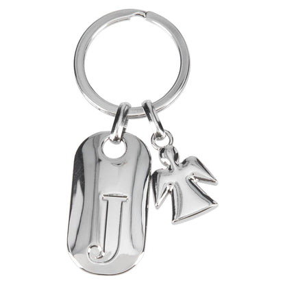 Depesche 11800-011 Silver keyring with letter J and guardian angel, zinc alloy, incl. dark blue velvet pouch