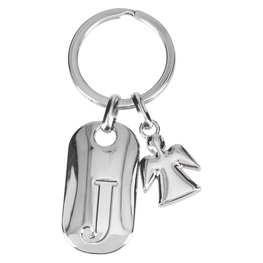 Depesche 11800-011 Silver keyring with letter J and guardian angel, zinc alloy, incl. dark blue velvet pouch