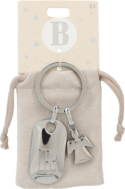 Dispatch 11800-003 Silver Keychain with Letter B and Guardian Angel, Zinc Alloy, incl. colored velvet pouch vanilla