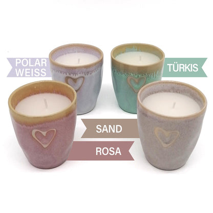 Mea-Living STONEWARE Candela in tazza da caffè espresso turchese a cuore, gres fatto a mano, 150 ml, bellissime stoviglie con candela