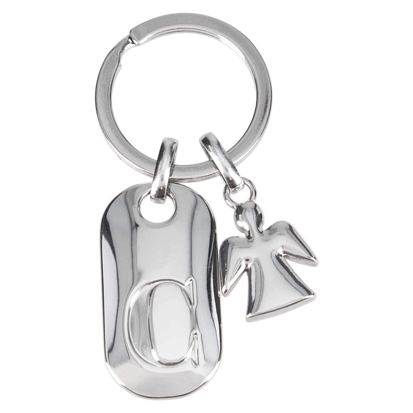 Depesche 11800-004 Silver keyring with letter C and guardian angel, zinc alloy, incl. light blue velvet pouch