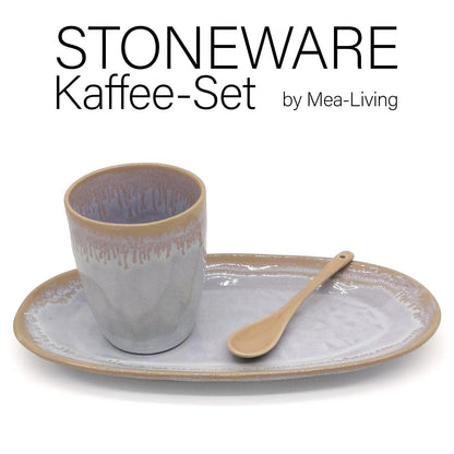 Mea-Living STONEWARE Set L polar white, with mug, plate and spoon, handmade stoneware, dessert plate, beautiful handmade tableware