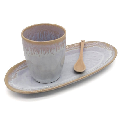 Mea-Living STONEWARE Set L polar white, with mug, plate and spoon, handmade stoneware, dessert plate, beautiful handmade tableware