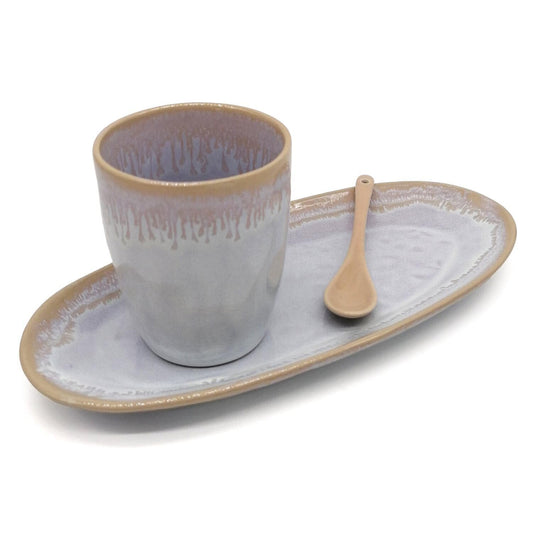 Mea-Living STONEWARE Set L polar white, with mug, plate and spoon, handmade stoneware, dessert plate, beautiful handmade tableware