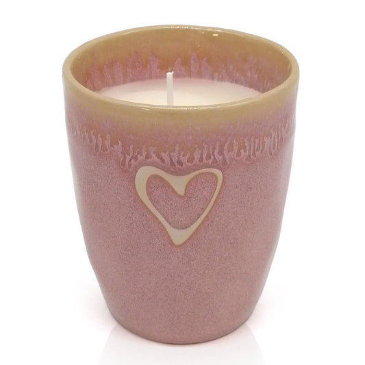 Mea-Living STONEWARE Candela in tazza, cuore rosa, terracotta fatta a mano, 280 ml, splendido servizio da tavola con candela