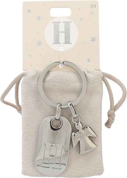 Depesche 11800-009 Silver Keychain with Letter H and Guardian Angel, Zinc Alloy, incl. Vanilla-Colored Velvet Pouch