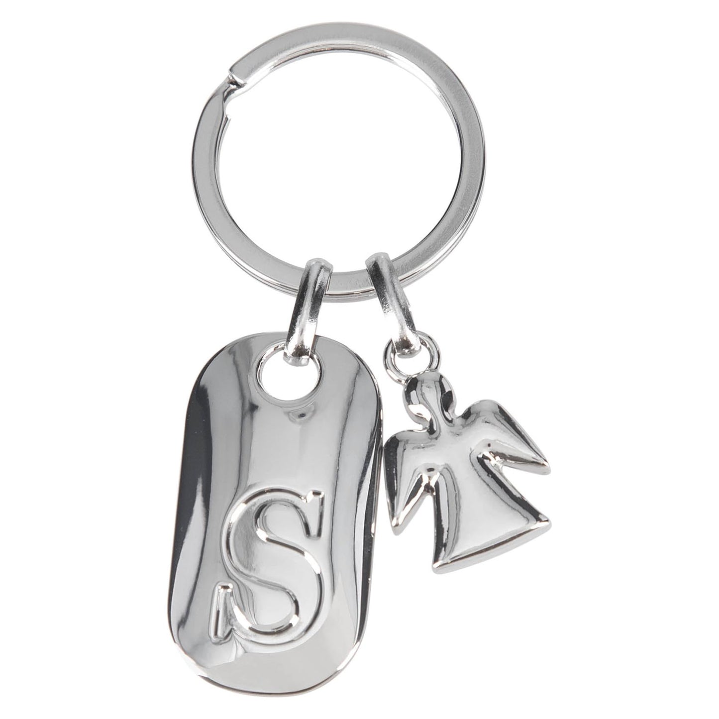 Depesche 11800-022 Silver Keychain with Letter S and Guardian Angel, Zinc Alloy, incl. Dark Blue Velvet Pouch