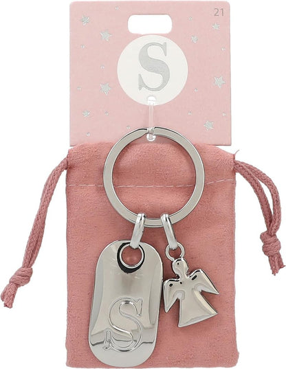 Depesche 11800-021 Portachiavi argentato con lettera S e angelo custode, lega di zinco, inclusa custodia di velluto colorato rosa
