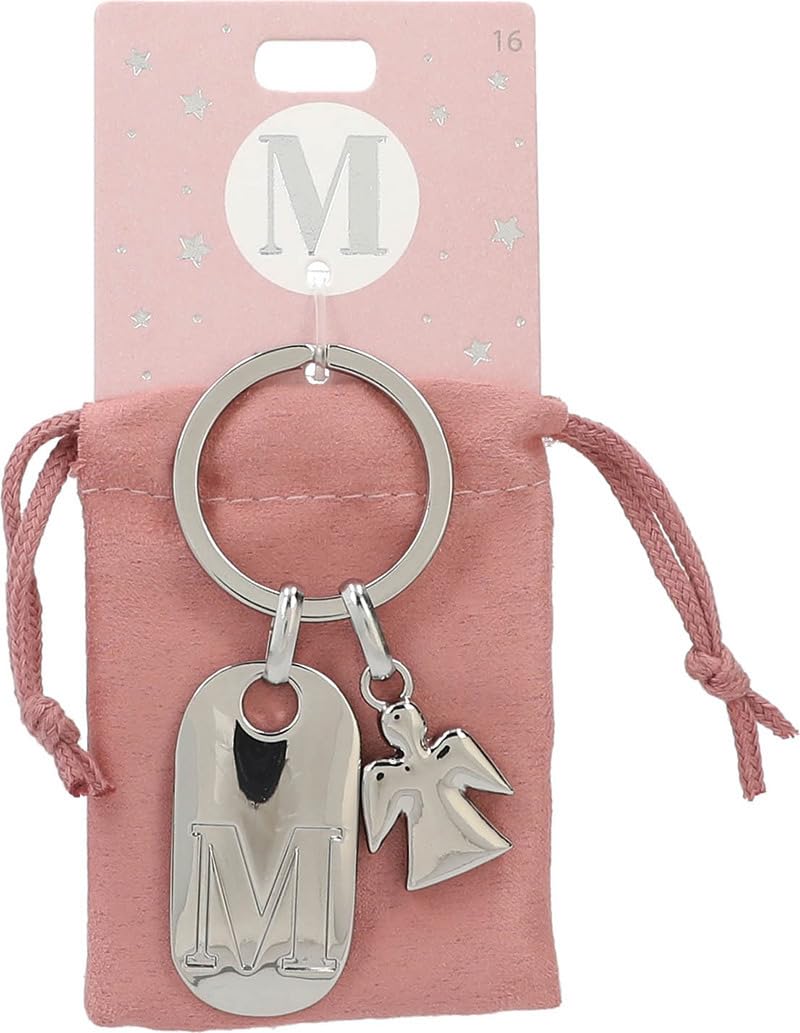 Depesche 11800-016 Silver keyring with letter M and guardian angel, zinc alloy, incl. pink velvet pouch