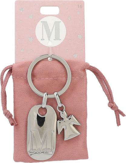 Depesche 11800-016 Silver keyring with letter M and guardian angel, zinc alloy, incl. pink velvet pouch